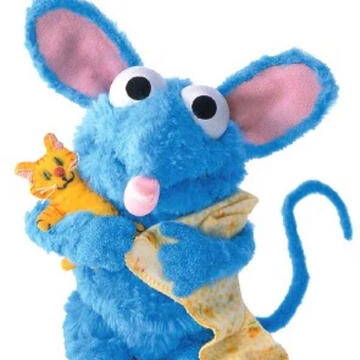 Photo of a blue mouse stuffed animal holding a blanket and a small cat